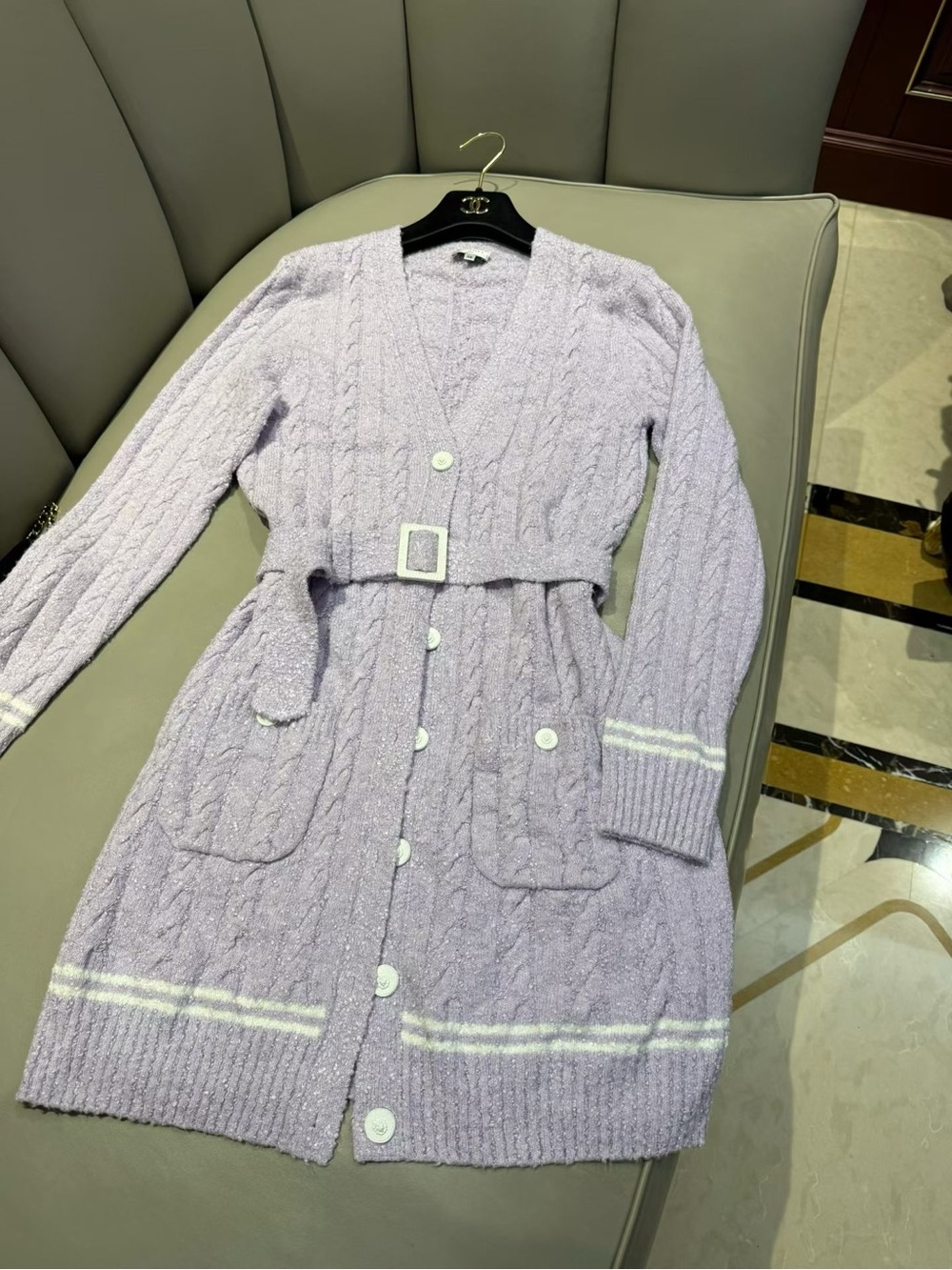 Primark Lavender Cable Knit Belted Cardigan with Stripe Detail